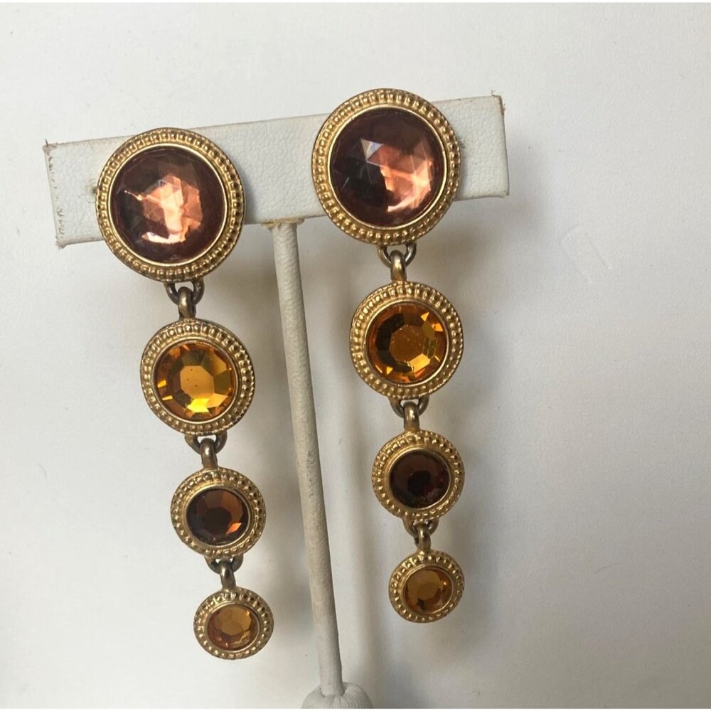 Vintage Ben Amun Clip On Dangle Earrings Amber Gold Tone Gems Regency Statement - Picture 6 of 9